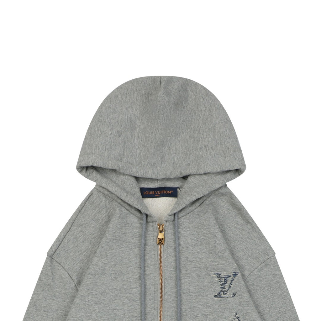 Louis Vuitton Hand-Painted Monogram Stitch Embroidery Zip Hoodie Grey