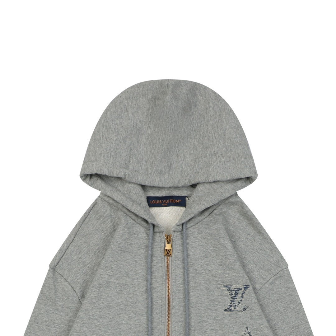 Louis Vuitton Hand-Painted Monogram Stitch Embroidery Zip Hoodie Grey