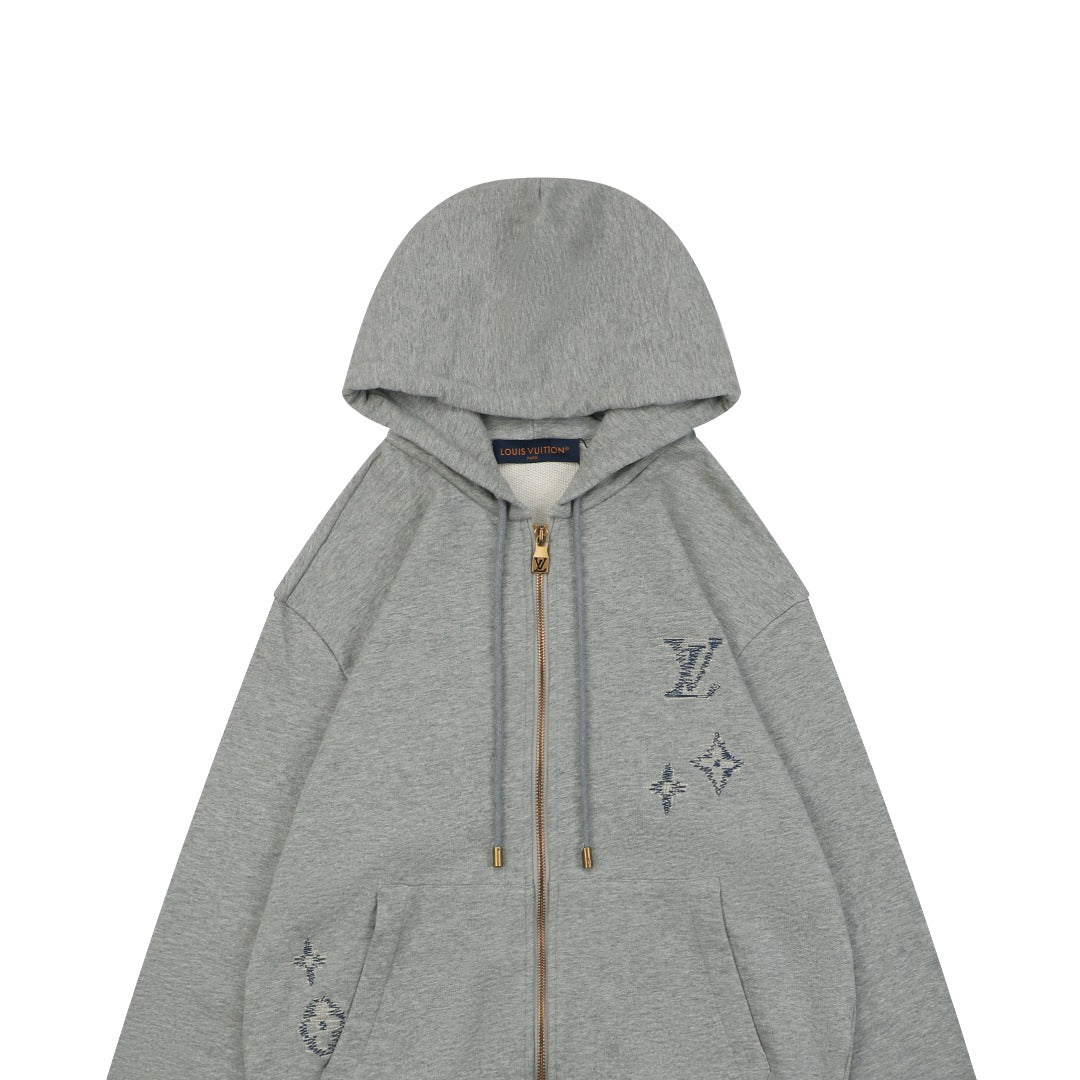 Louis Vuitton Hand-Painted Monogram Stitch Embroidery Zip Hoodie Grey