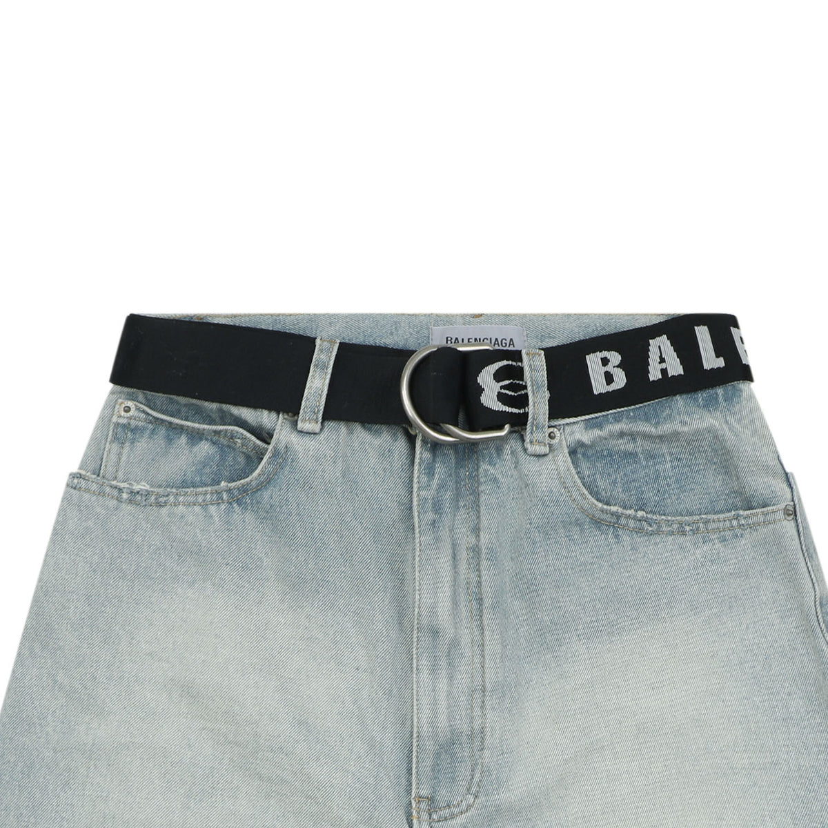 Balenciaga Paris Logo Belt Washed Denim Shorts Light Blue