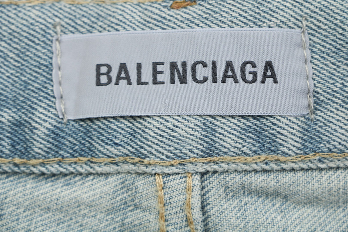 Balenciaga Paris Logo Belt Washed Denim Shorts Light Blue