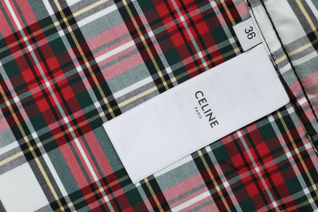 Celine Red White Tartan Plaid Long Sleeve Button Shirt