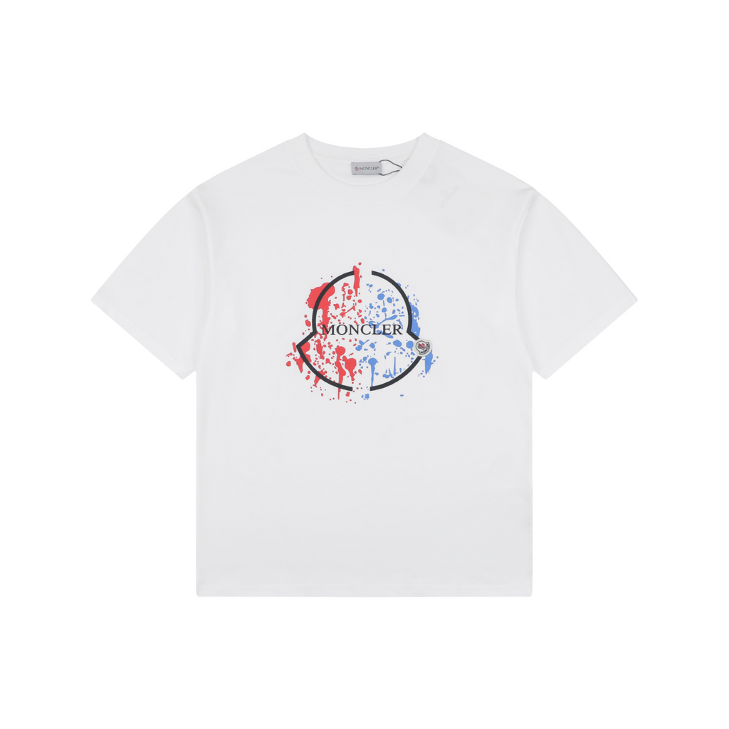 Moncler Red Blue Ink Splash Oversized Logo Print Short Sleeve Tee White