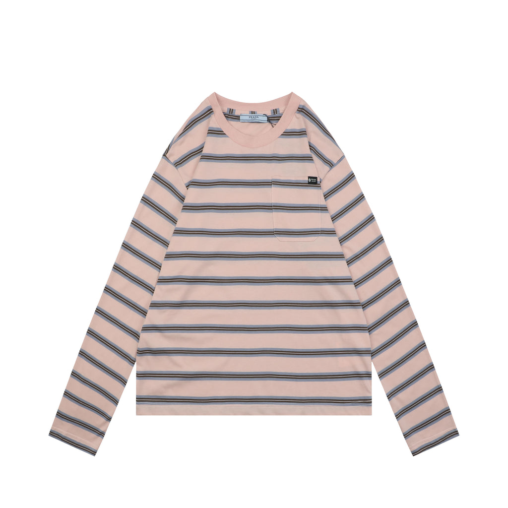 Prada Light Pink Multi-Stripe Pocket Label Long Sleeve Tee