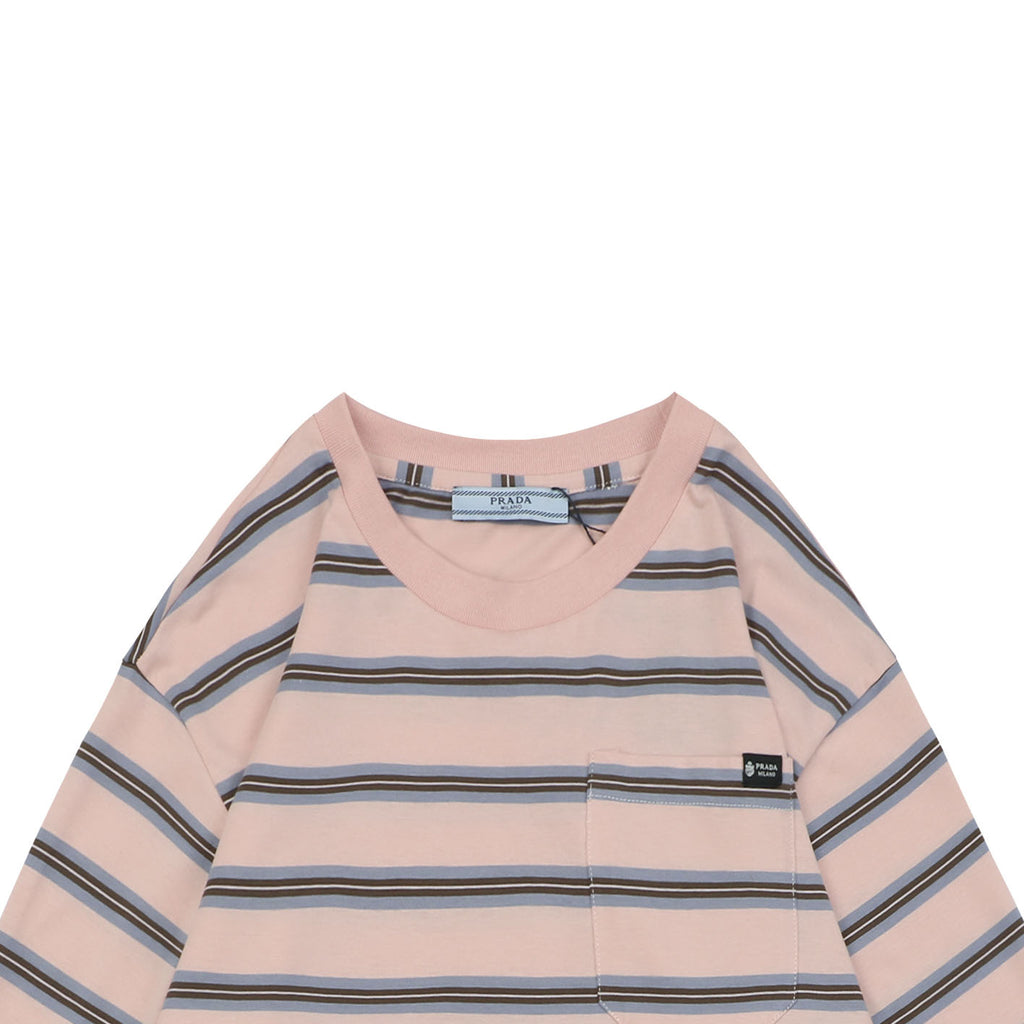 Prada Light Pink Multi-Stripe Pocket Label Long Sleeve Tee