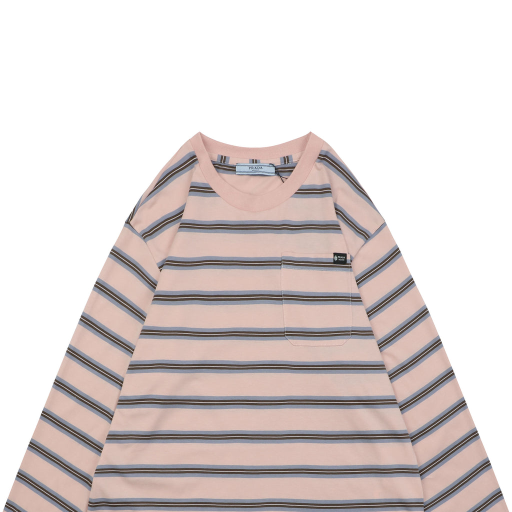 Prada Light Pink Multi-Stripe Pocket Label Long Sleeve Tee