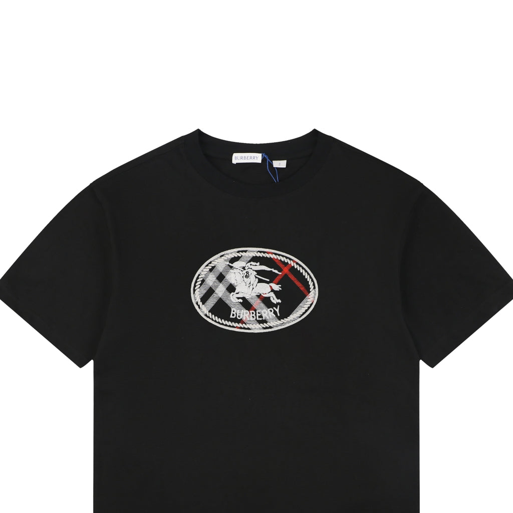 Burberry Check Oval Equestrian Knight Embroidered Short Sleeve Tee Black