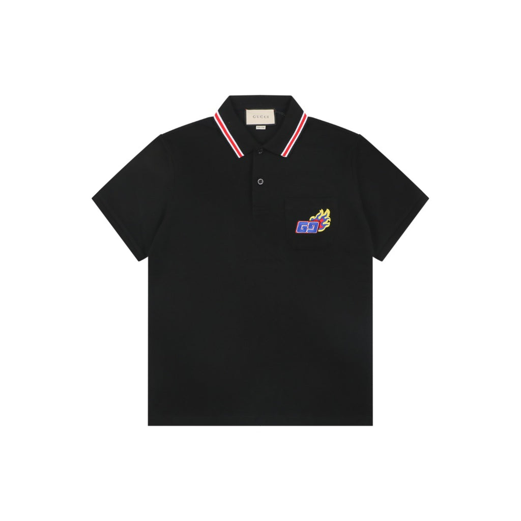 Gucci Flame Double G Embroidered Polo Short Sleeve Shirt Black