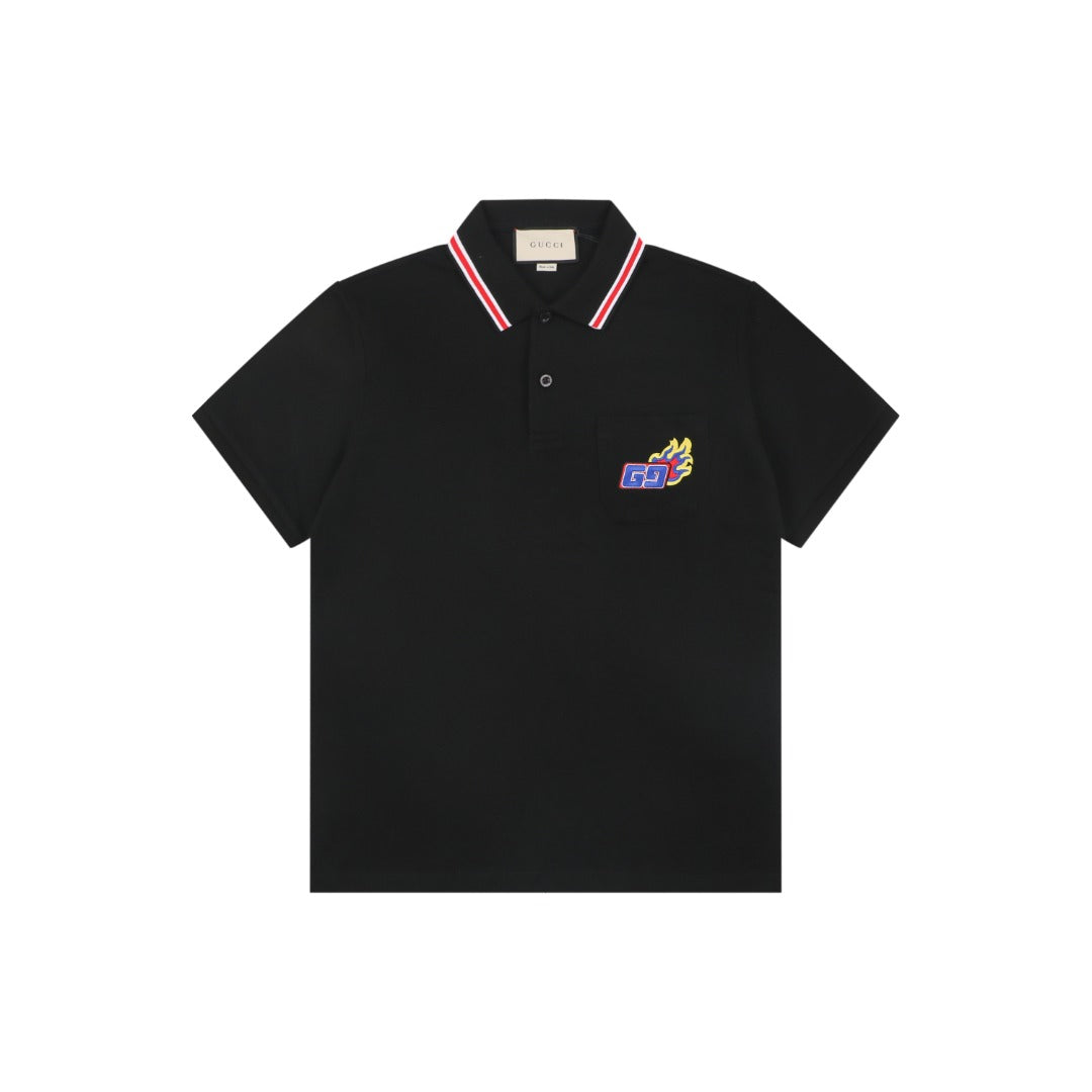 Gucci Flame Double G Embroidered Polo Short Sleeve Shirt Black