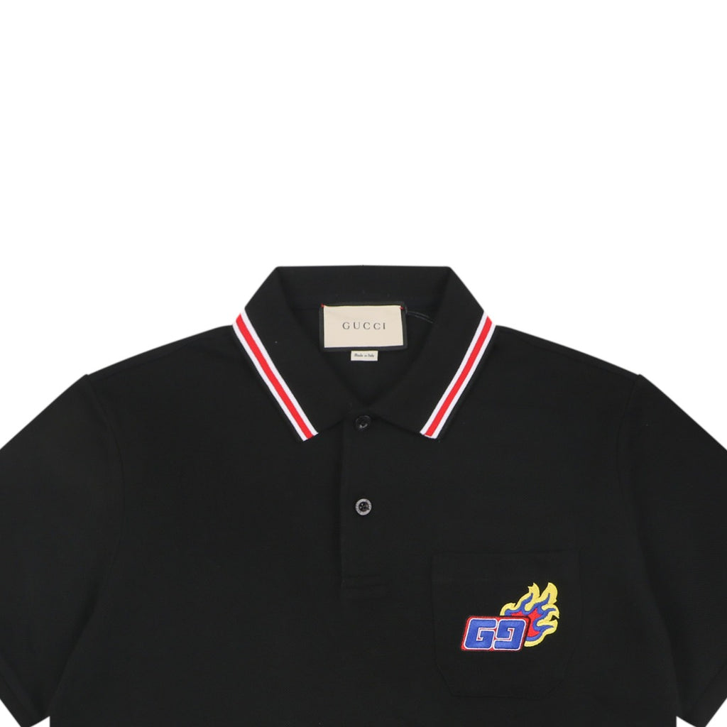Gucci Flame Double G Embroidered Polo Short Sleeve Shirt Black