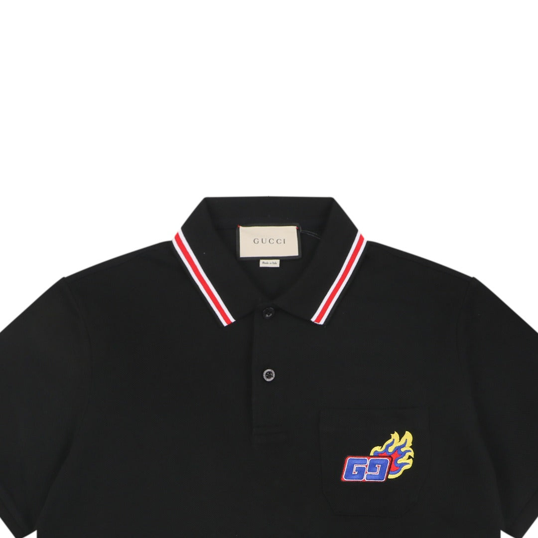 Gucci Flame Double G Embroidered Polo Short Sleeve Shirt Black