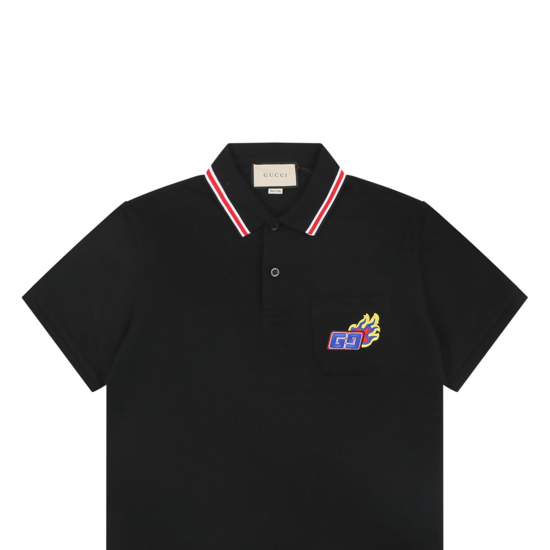 Gucci Flame Double G Embroidered Polo Short Sleeve Shirt Black