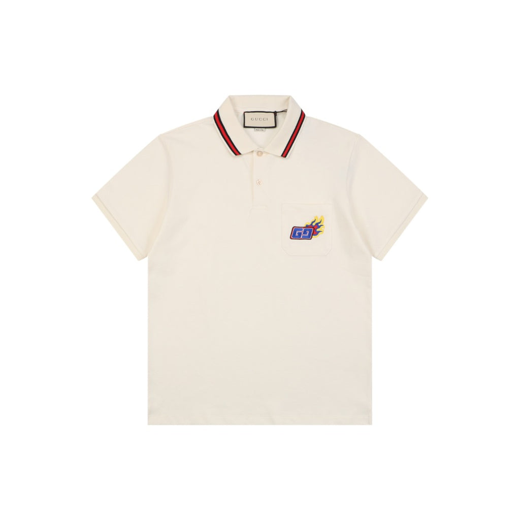 Gucci Flame Double G Embroidered Polo Short Sleeve Shirt Off-White