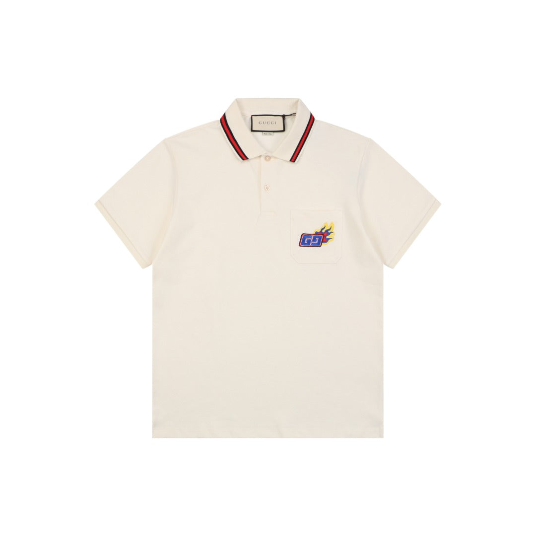 Gucci Flame Double G Embroidered Polo Short Sleeve Shirt Off-White
