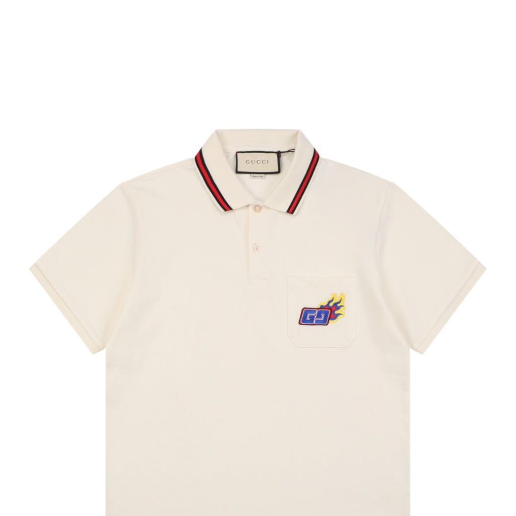 Gucci Flame Double G Embroidered Polo Short Sleeve Shirt Off-White