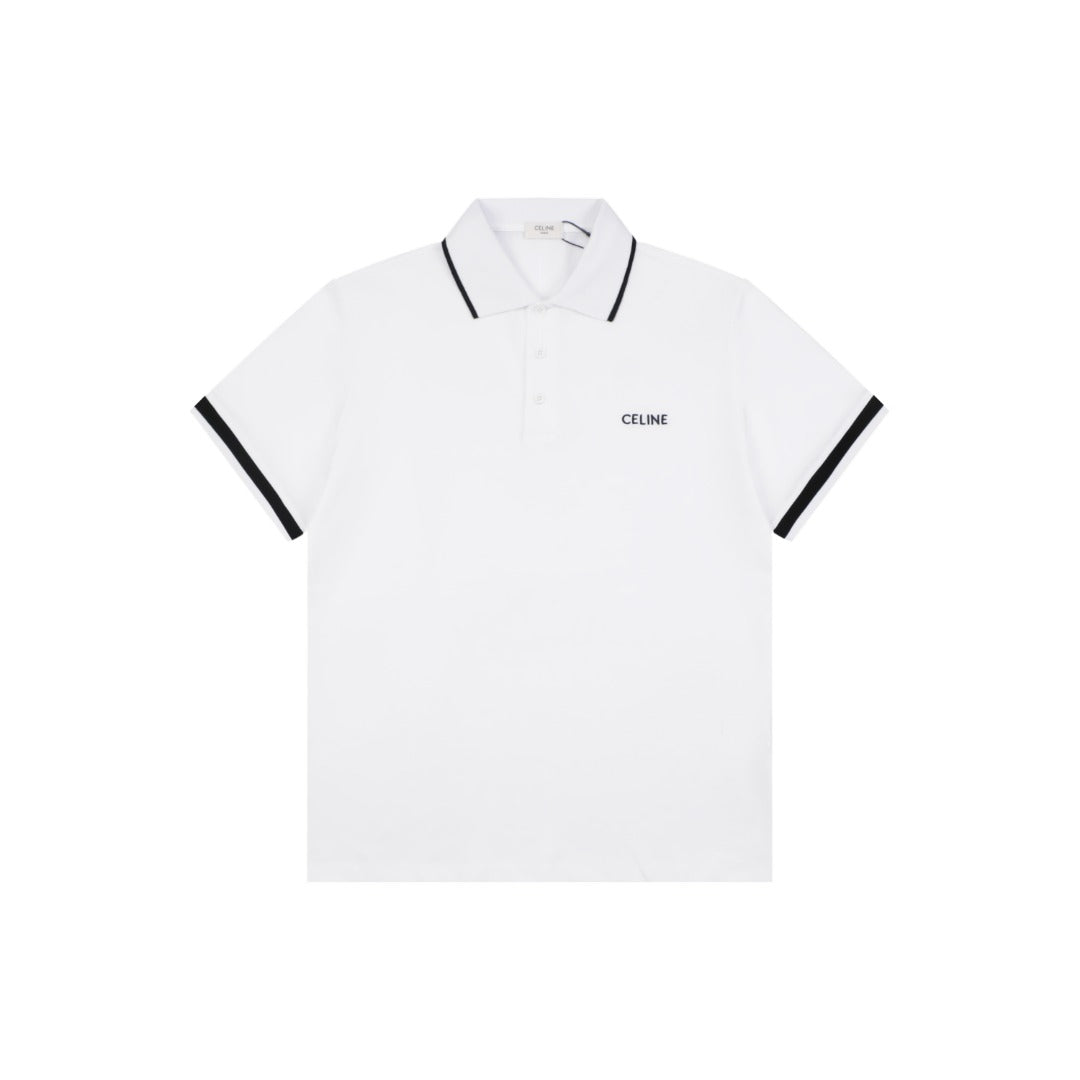 Celine Black Stripe Trim CL Micro Logo Embroidered Polo Short Sleeve Shirt White