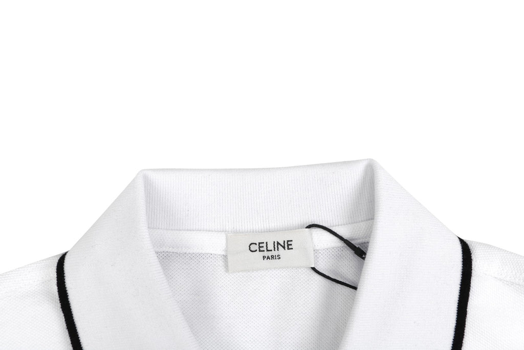 Celine Black Stripe Trim CL Micro Logo Embroidered Polo Short Sleeve Shirt White