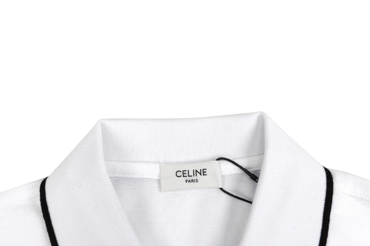 Celine Black Stripe Trim CL Micro Logo Embroidered Polo Short Sleeve Shirt White