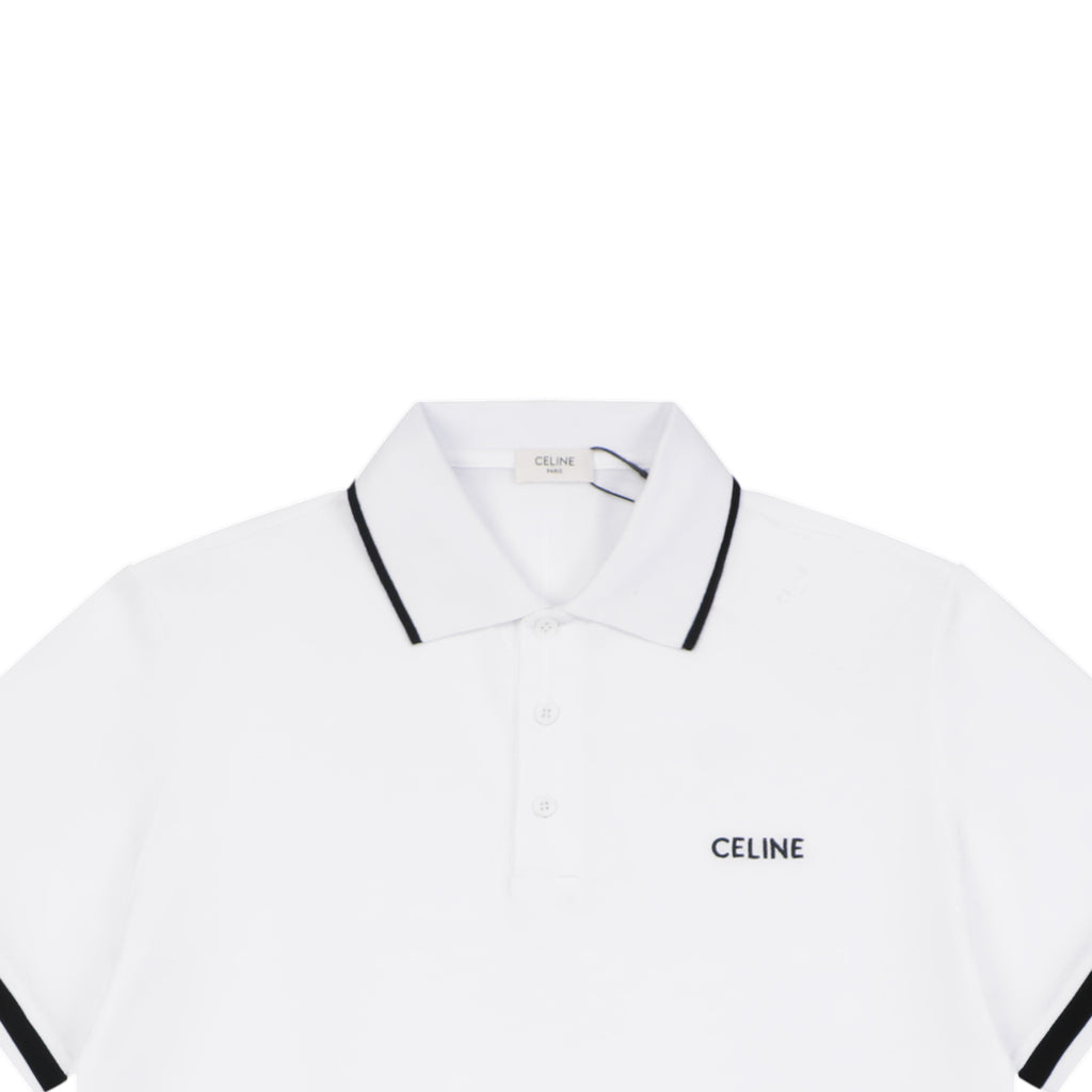 Celine Black Stripe Trim CL Micro Logo Embroidered Polo Short Sleeve Shirt White