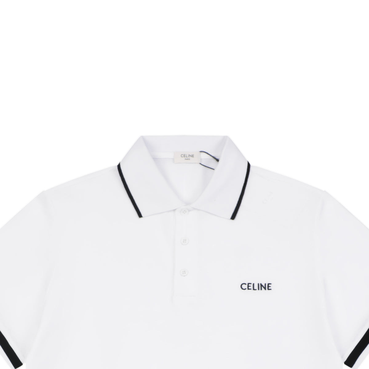 Celine Black Stripe Trim CL Micro Logo Embroidered Polo Short Sleeve Shirt White
