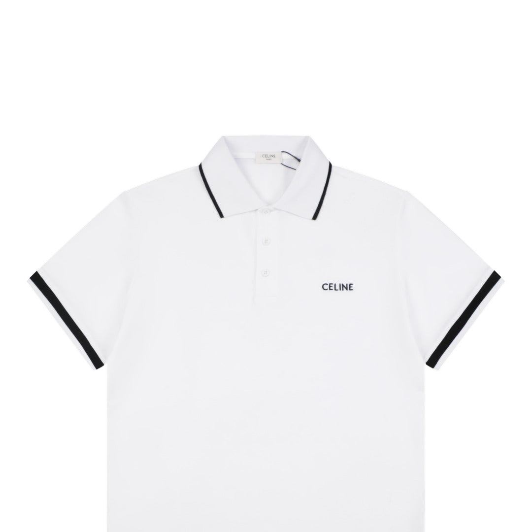 Celine Black Stripe Trim CL Micro Logo Embroidered Polo Short Sleeve Shirt White