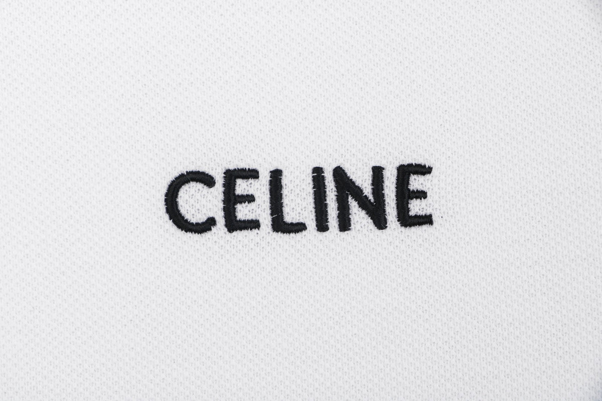 Celine Black Stripe Trim CL Micro Logo Embroidered Polo Short Sleeve Shirt White