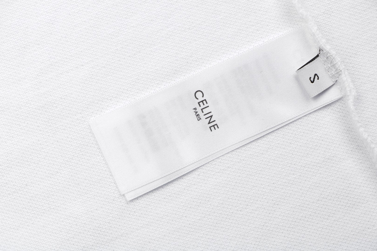 Celine Black Stripe Trim CL Micro Logo Embroidered Polo Short Sleeve Shirt White