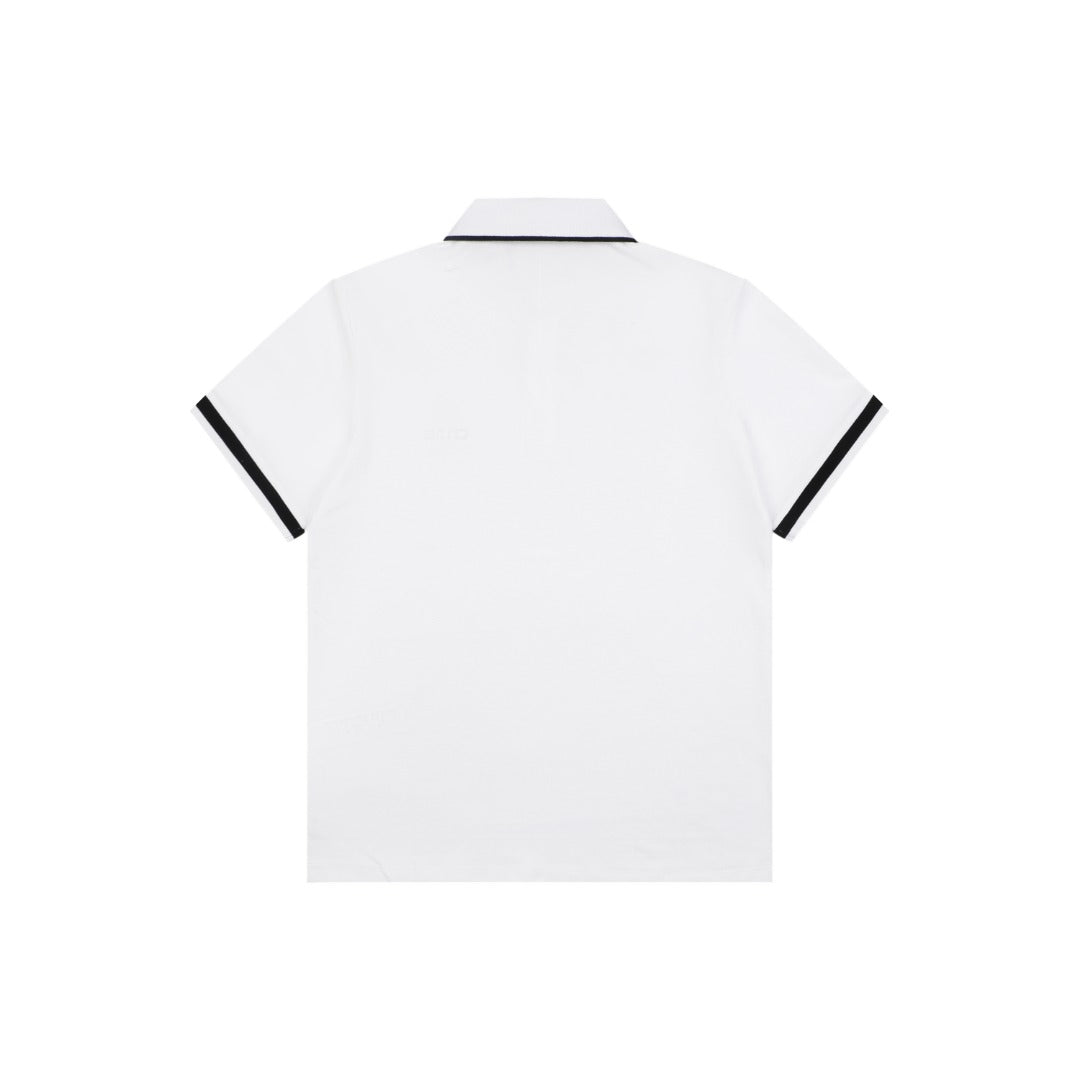 Celine Black Stripe Trim CL Micro Logo Embroidered Polo Short Sleeve Shirt White