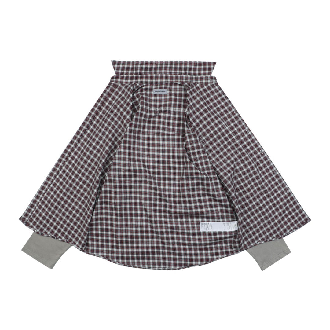 Balenciaga Red Grey Plaid Faux Two-Piece Long Sleeve Shirt