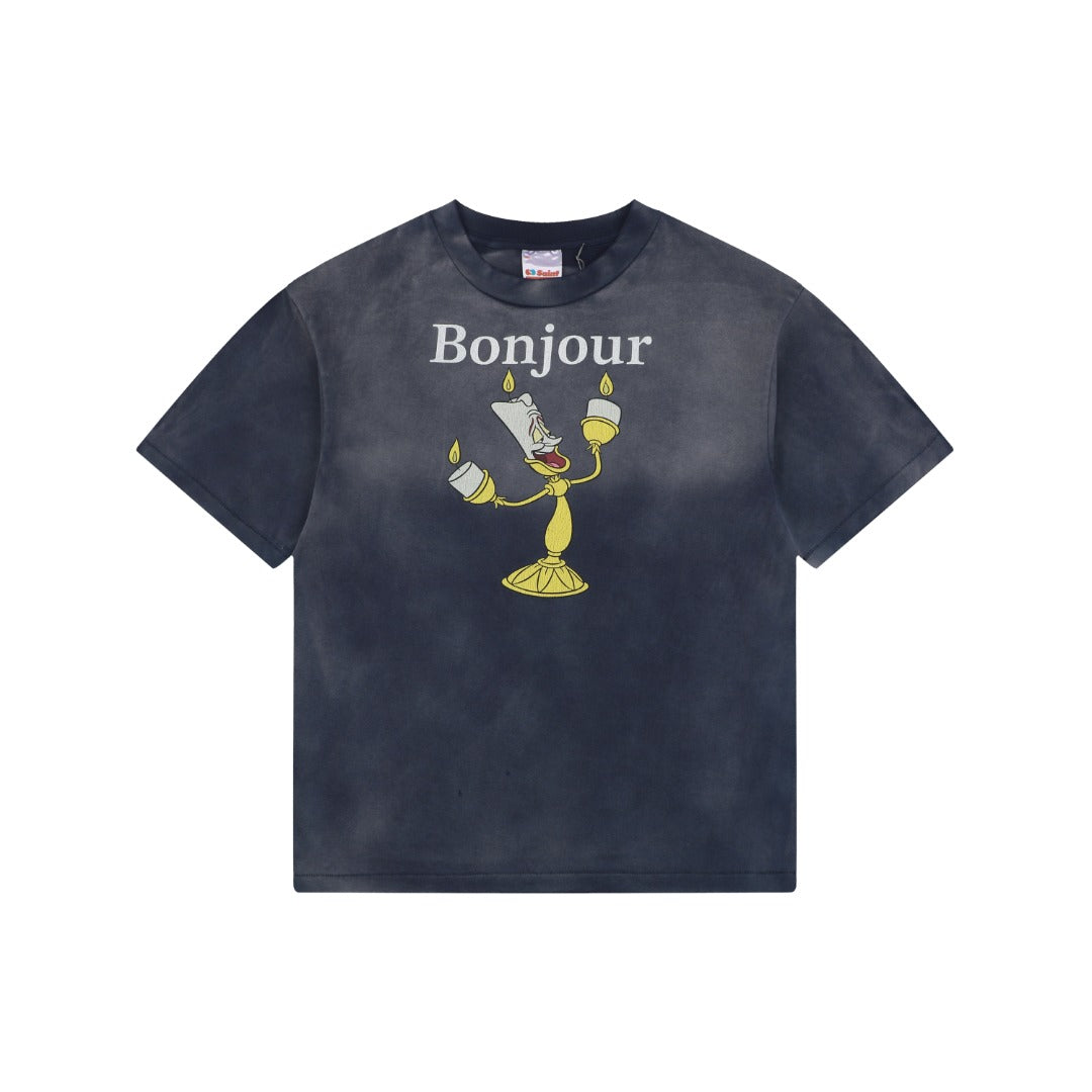 Saint Michael Lumiere Candlestick Graphic Vintage Wash Short Sleeve Tee Navy