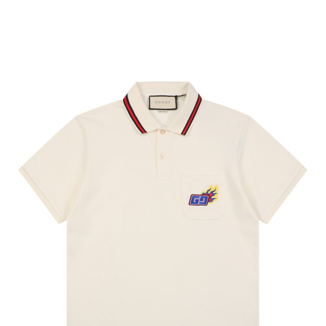 Gucci Flame Double G Embroidered Polo Shirt Ivory