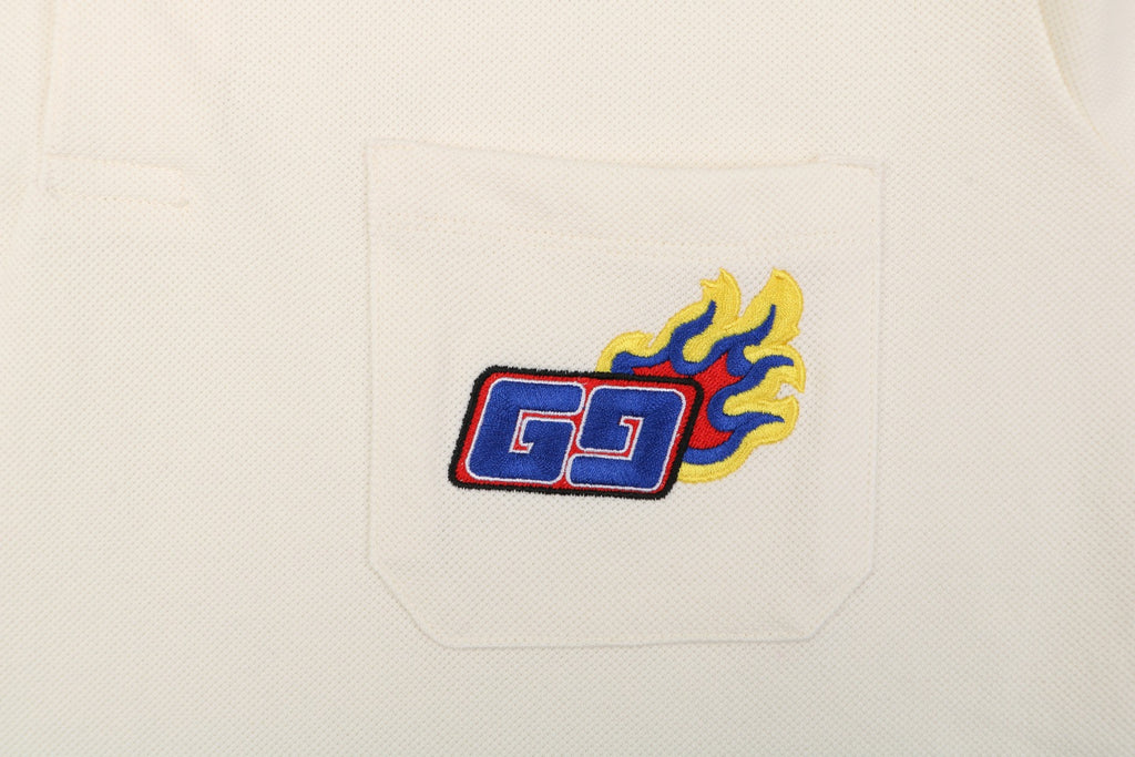 Gucci Flame Double G Embroidered Polo Shirt Ivory