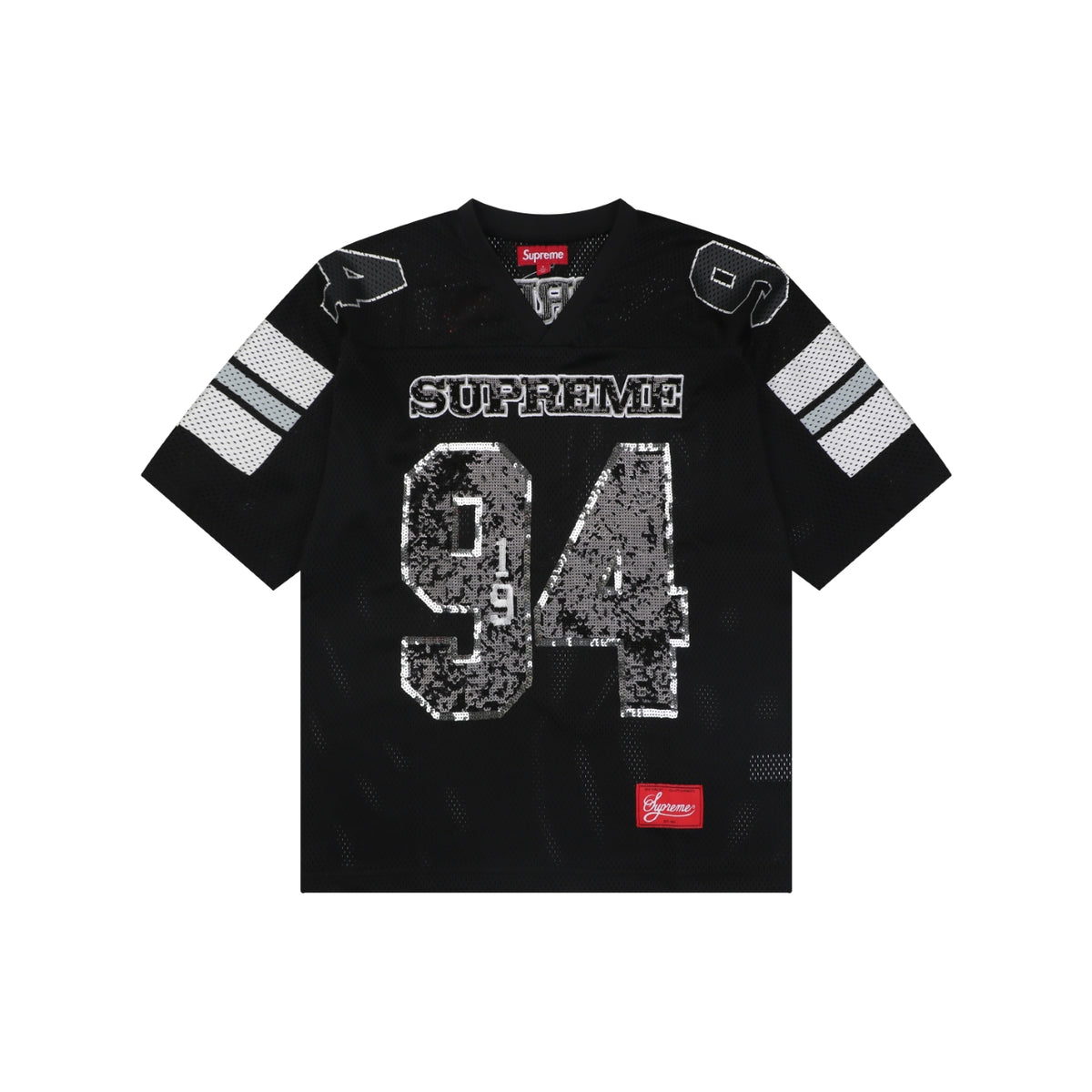Supreme 94 Sequin Mesh Football Jersey Short Sleeve Tee Black