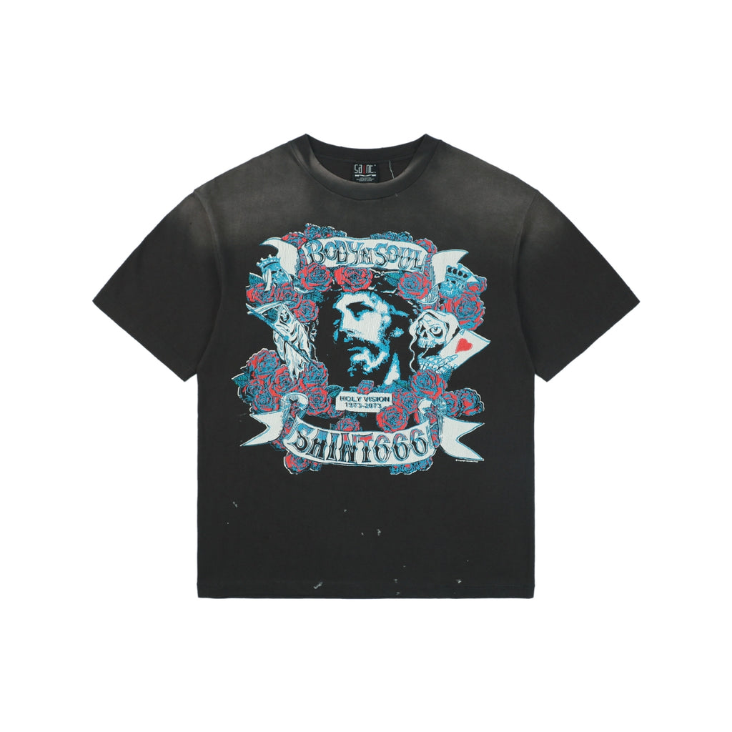 Saint Michael Rose Jesus Body & Soul Tattoo Graphic Short Sleeve Tee Washed Black