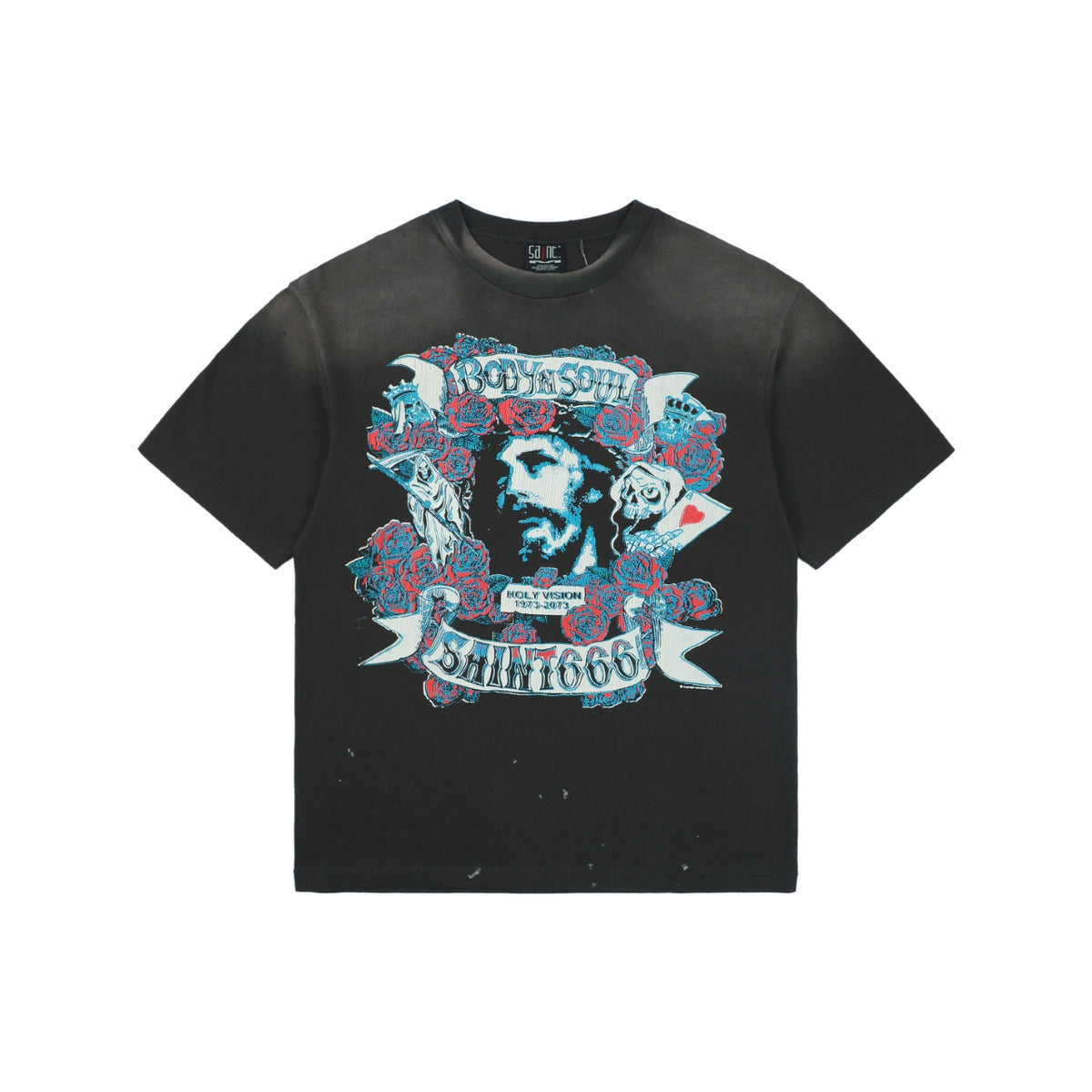 Saint Michael Rose Jesus Body & Soul Tattoo Graphic Short Sleeve Tee Washed Black
