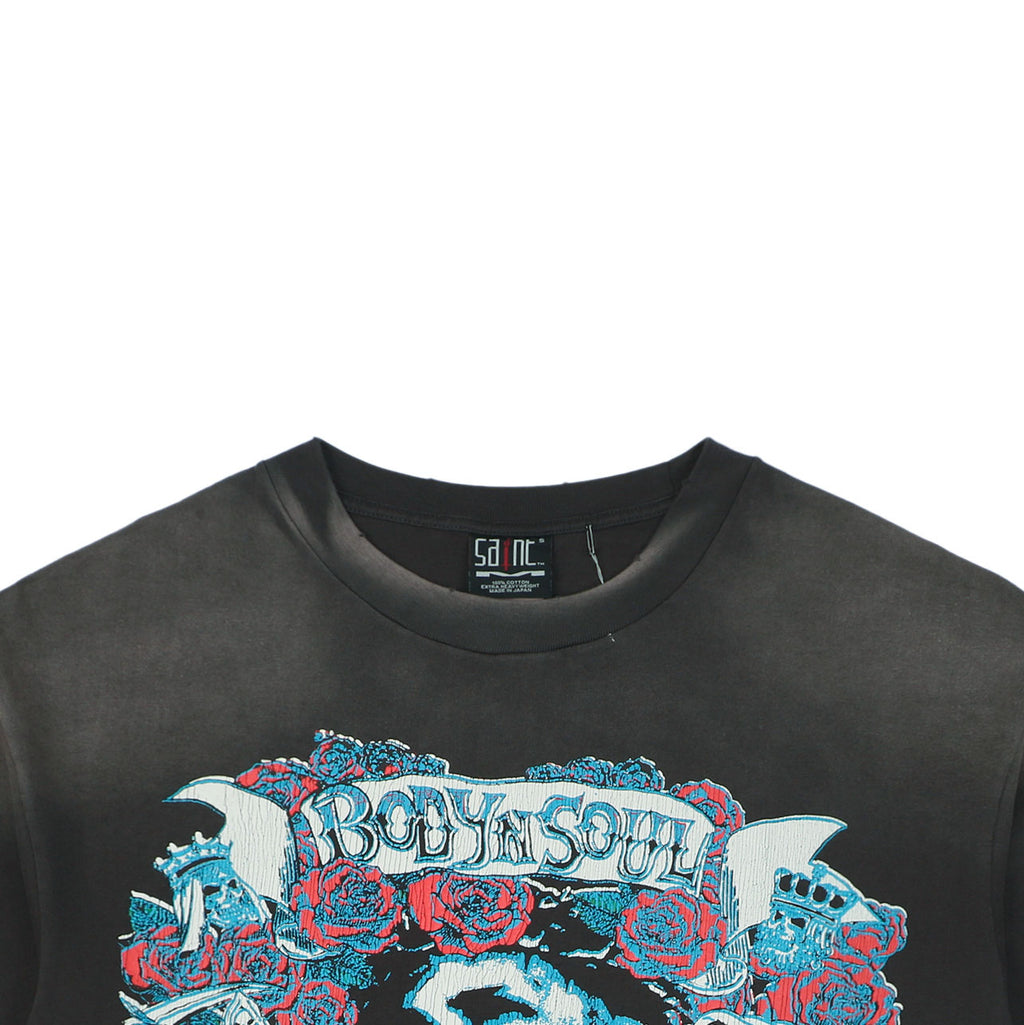 Saint Michael Rose Jesus Body & Soul Tattoo Graphic Short Sleeve Tee Washed Black
