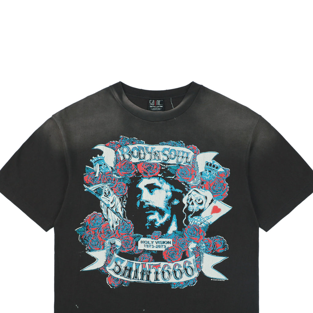 Saint Michael Rose Jesus Body & Soul Tattoo Graphic Short Sleeve Tee Washed Black
