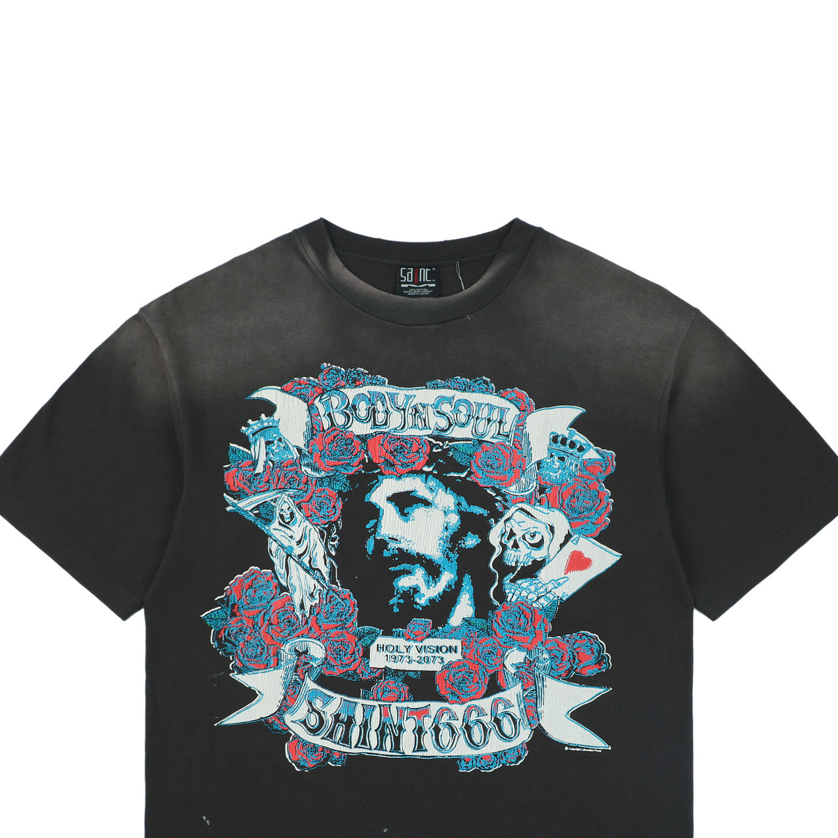 Saint Michael Rose Jesus Body & Soul Tattoo Graphic Short Sleeve Tee Washed Black