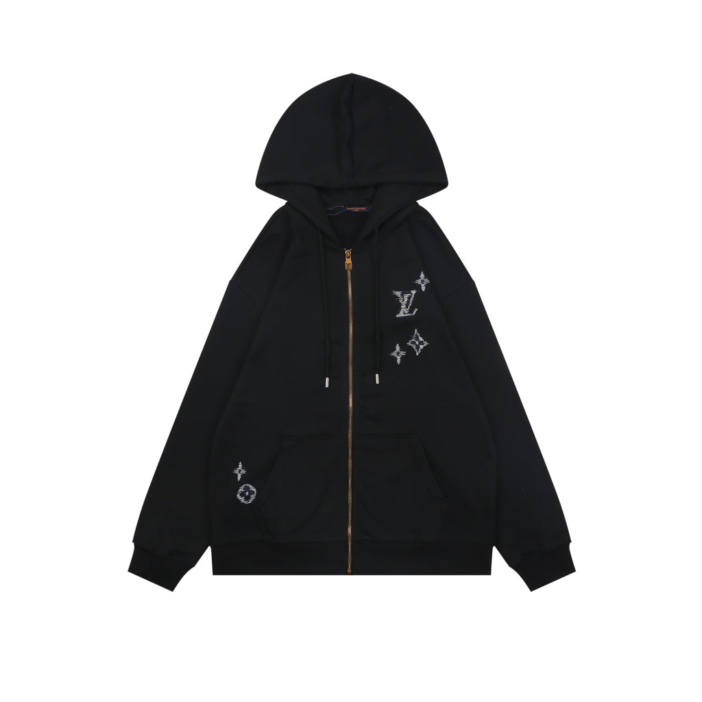 Louis Vuitton Hand-Painted Monogram Chain Stitch Embroidered Zip-Up Hoodie Black
