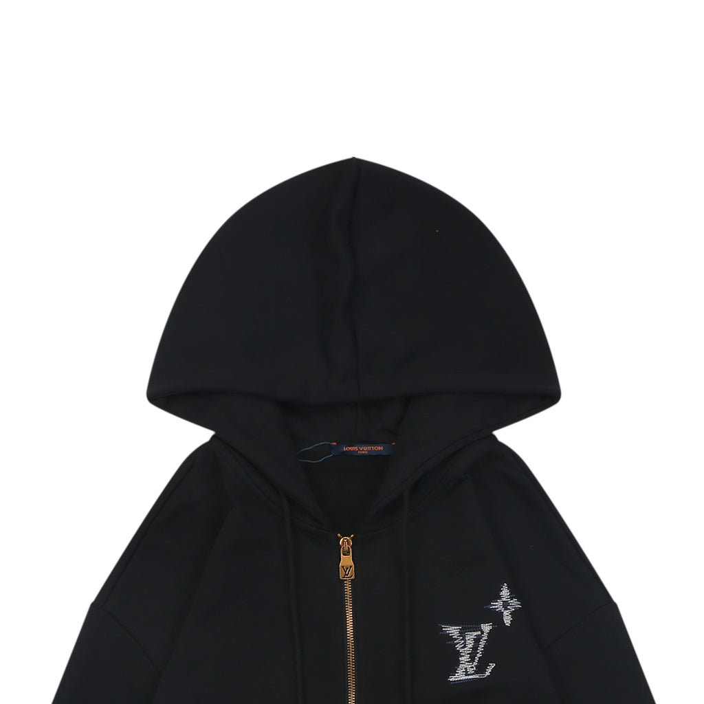 Louis Vuitton Hand-Painted Monogram Chain Stitch Embroidered Zip-Up Hoodie Black