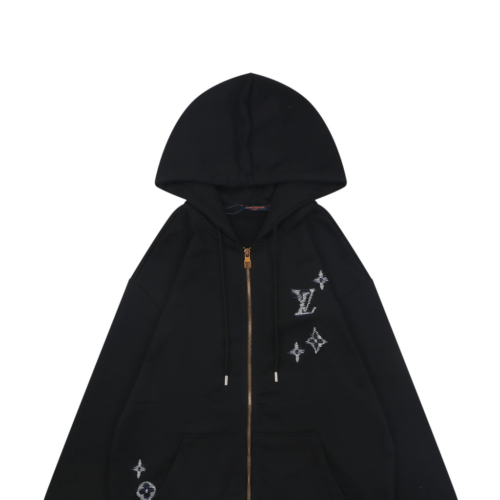 Louis Vuitton Hand-Painted Monogram Chain Stitch Embroidered Zip-Up Hoodie Black