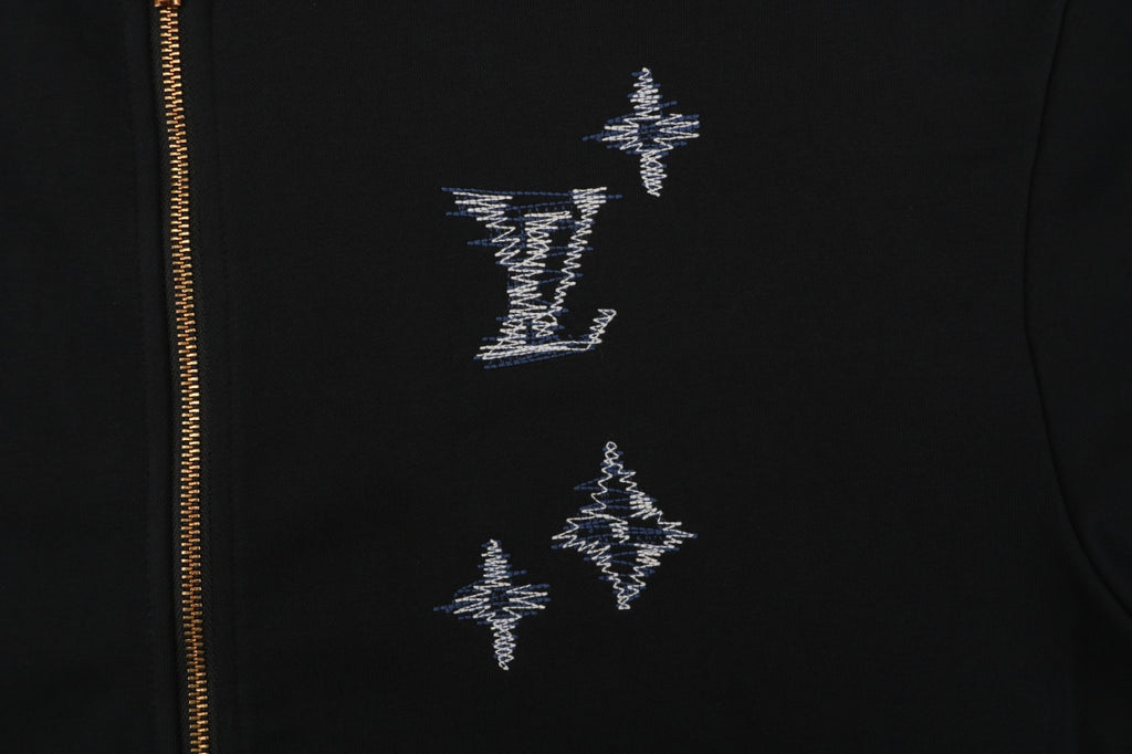 Louis Vuitton Hand-Painted Monogram Chain Stitch Embroidered Zip-Up Hoodie Black