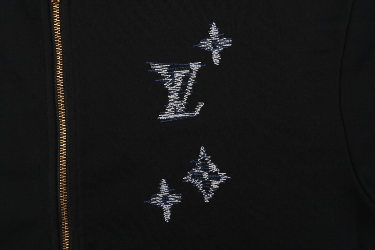 Louis Vuitton Hand-Painted Monogram Chain Stitch Embroidered Zip-Up Hoodie Black
