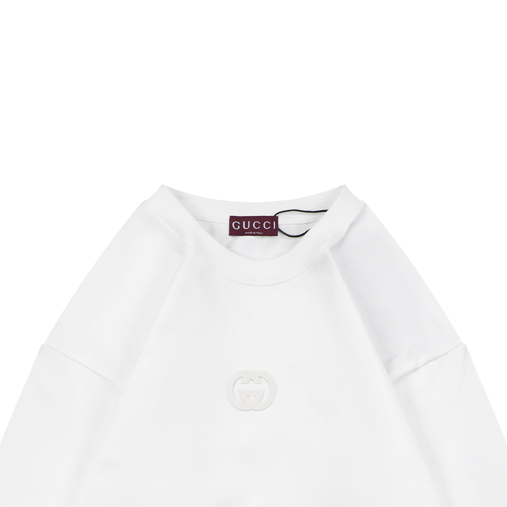 Gucci Center Tonal Interlocking GG Embroidered Long Sleeve Tee White