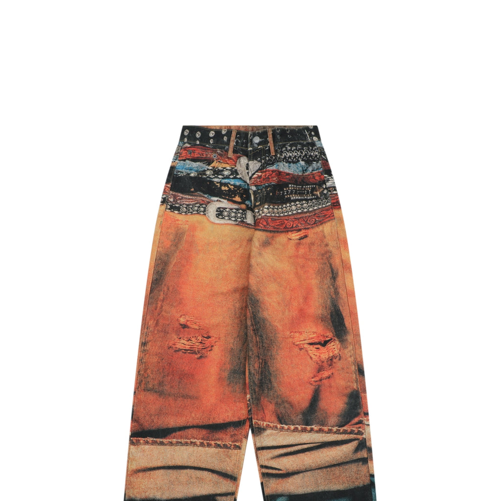Acne Studios Multi-Belt Trompe-L'Oeil Print Wide Leg Jeans