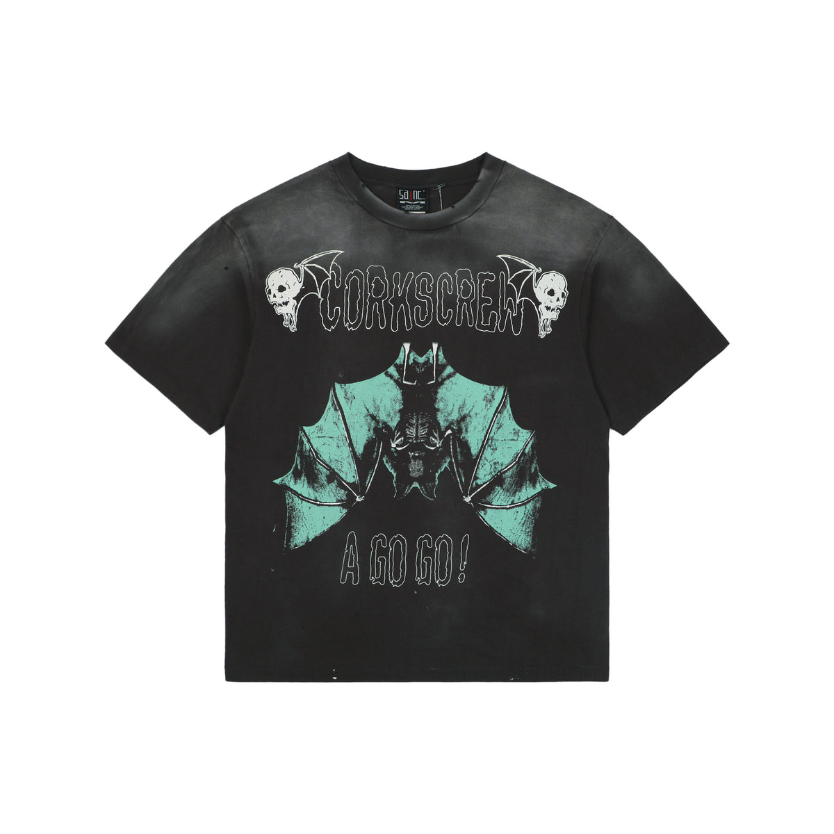 Saint Michael Corkscrew A Go Go Inverted Bat Graphic Vintage Wash Short Sleeve Tee Black