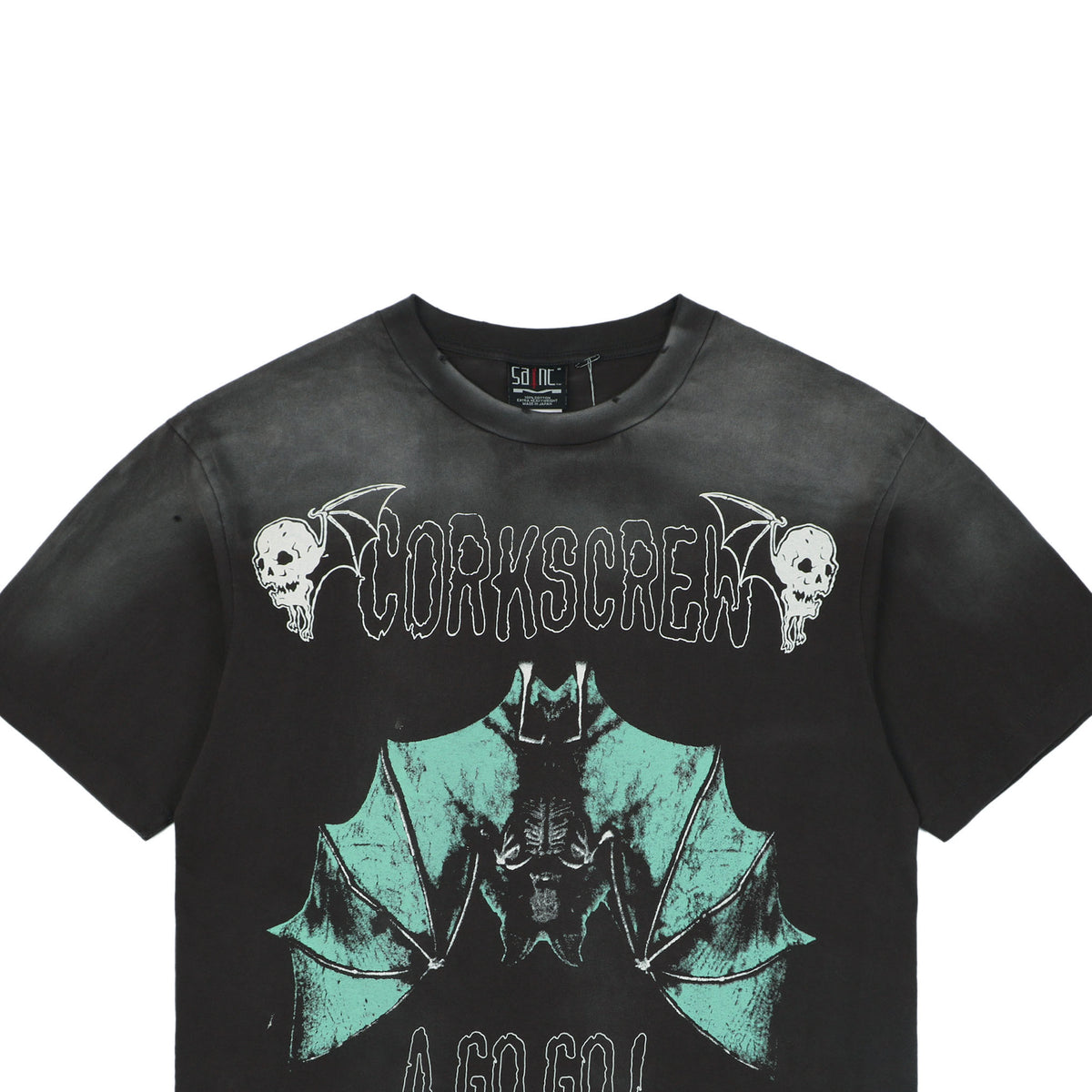 Saint Michael Corkscrew A Go Go Inverted Bat Graphic Vintage Wash Short Sleeve Tee Black