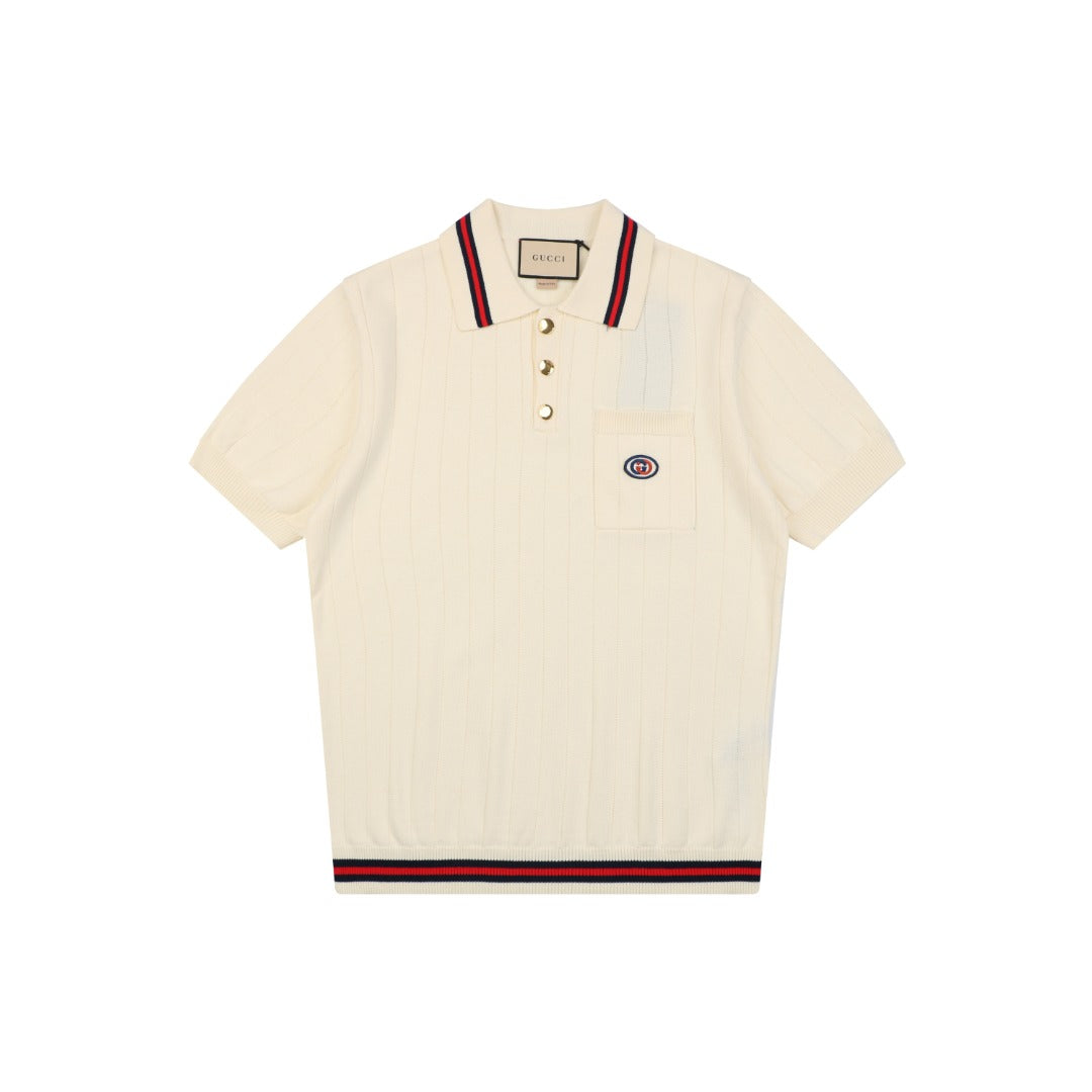 Gucci Interlocking GG Embroidered Web Stripe Polo Shirt Cream