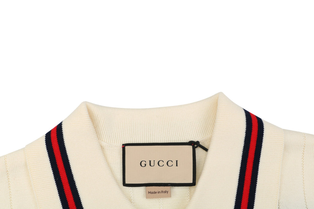 Gucci Interlocking GG Embroidered Web Stripe Polo Shirt Cream