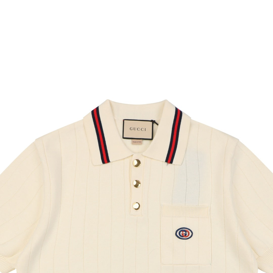 Gucci Interlocking GG Embroidered Web Stripe Polo Shirt Cream